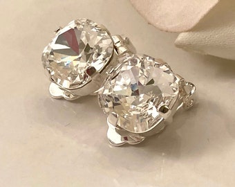 Clip On Clear Premium Crystal Cushion Cut 12mm Square Earrings Shiny Silver Tone Setting Gorgeous Facets Beauty