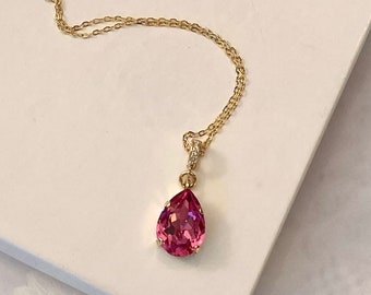 Crystal Teardrop Pendant Necklace CZ Enhancer Premium Crystal 18x13mm Rose Dainty 16K Gold Plated Diamond Cut Chain Adjusts 16&18 In