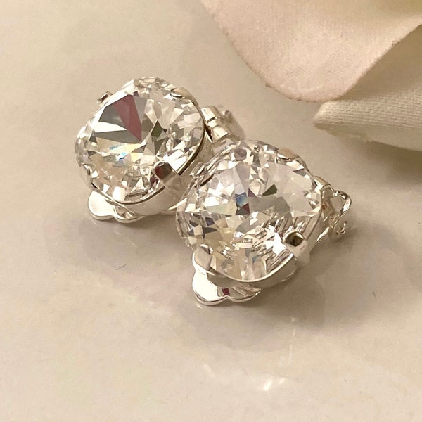 Clip On Clear Premium Crystal Cushion Cut 12mm Square Earrings Shiny Silver Tone Setting Gorgeous Facets Beauty