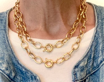 Chunky Chain Necklace Oval 18K Gold Plated Iron Links Easy Open Clasp Wear Alone or Hang Pendants With Enhancers Choose 16 or 18 Inch Length