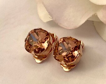 Clip On Premium Crystal 12mm Cushion Cut Earring Blush Rose Crystal Square Cushion Cut Rose Gold Toned Prong Clip On Setting Beauty