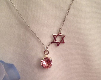 Dainty Star of David Premium Crystal Pink Crystal Dangle Sterling Silver Star & Chain Necklace Adjusts 16 to 17 to 18 Inches Dainty Faith