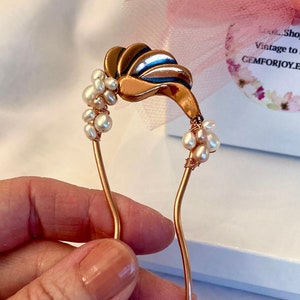 Hair Pin Vintage Bridal Repurposed Upcycled Renoir Necklace Element Hand Wrapped Dainty Waterfall Pearls Copper Pin Boho Bride Hair Pin 4 In