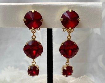 Clip On Long Red Siam Triple Premium Crystal Dangling Statement Drop Earrings 12mm Rivoli & Cushion Cut 8mm Chaton Shiny Gold Tone Setting