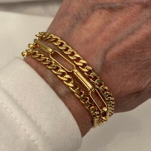 Paper Clip and Flat Gourmet Triple Layered Chain Bracelet Gold Plated Chain Bracelet Shiny Gold Finish Adjusts 7 1/4 to 8 1/4 Inches image 2