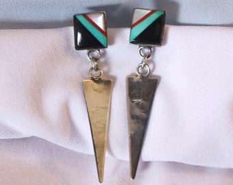 Navajo Gem Inlay Dangle Post Earrings Signed Teme Sterling M Turquoise Onyx Coral Mother of Pearl Arrow Shape Dangle Southwest Vintage Boho