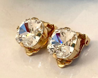 Clip On Gold Clear Premium Crystal Cushion Cut 12mm Square Earrings Shiny Gold Tone Setting Gorgeous Facets Beauty