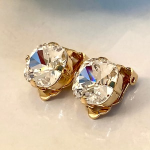 Clip On Gold Clear Premium Crystal Cushion Cut 12mm Square Earrings Shiny Gold Tone Setting Gorgeous Facets Beauty image 1