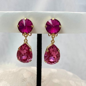 Clip On Drop Earring Premium Rose Pink 18x13mm Teardrop Fuchsia 12mm Round Crystals Gold Tone Setting Shades of Pink Dangling Clip Ons
