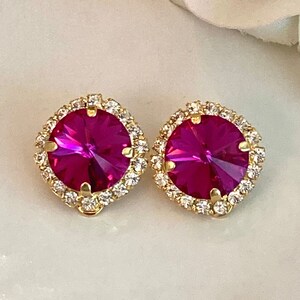 Clip On Halo Round Fuschia Pink Premium Faceted 12mm Crystal Dainty Rhinestone Halo Gold Tone Setting Rich Pink Prisms Special Occasion Gift