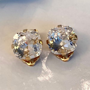Clip On Gold Clear Premium Crystal Cushion Cut 12mm Square Earrings Shiny Gold Tone Setting Gorgeous Facets Beauty image 2