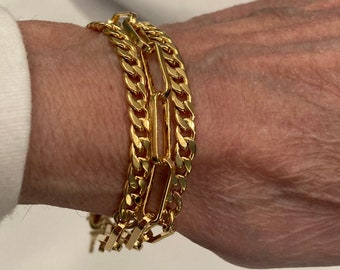 Paper Clip and Flat Gourmet Triple Layered Chain Bracelet Gold Plated Chain Bracelet Shiny Gold Finish Adjusts 7 1/4 to 8 1/4 Inches