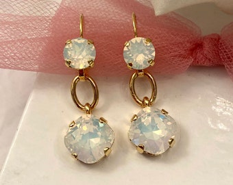 Dangle Earrings Premium White Opal Crystal 8mm Lever Backs With 12mm Cushion Cut Detachable Charms Shiny Gold Plated Finish Two Looks In One