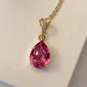 Crystal Teardrop Pendant Necklace CZ Enhancer Premium Crystal 18x13mm Rose Dainty 16K Gold Plated Diamond Cut Chain Adjusts 16&18 In