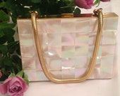 Vintage 1950 39 s Purse Compact Lipstick Powder Mirror Hidden Compartment Mother of Pearl Signed Schick Mfg Co NY Gold Tone Frame Snake Chain