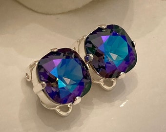 Clip On 12mm Premium Crystal Cushion Cut Earring Tanzanite Glacier Blue Shiny Silver Tone Setting Square Cushion Cut Clip On Beauty