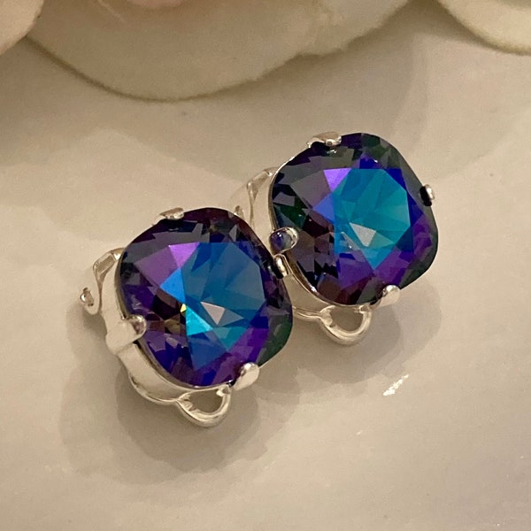 Clip On 12mm Premium Crystal Cushion Cut Earring Tanzanite Glacier Blue Shiny Silver Tone Setting Square Cushion Cut Clip On Beauty