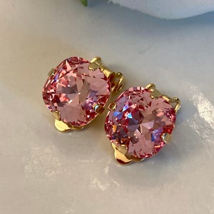 Clip On 12mm Premium Crystal Cushion Cut Earring Light Rose Pink Shiny Gold Toned Setting Square Cushion Cut Clip On Beauty