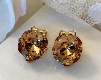 Clip On 12mm Premium Crystal Cushion Cut Earring Light Colorado Topaz Shiny Gold Setting Square Cushion Cut Clip On Beauty