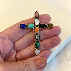 Multi-Gem Cross Pendant/Pin Signed LB Sterling 925 Turquoise Lapis Spiny Oyster Tigers Eye Mother of Pearl Vintage Southwest