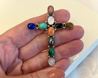 Multi-Gem Cross Pendant/Pin Signed LB Sterling 925 Turquoise Lapis Spiny Oyster Tigers Eye Mother of Pearl Vintage Southwest