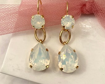 Dangle Earrings Premium White Opal Crystal 8mm Lever Backs With 18x13mm Detachable Teardrop Charms Shiny Gold Plated Finish Two Looks In One