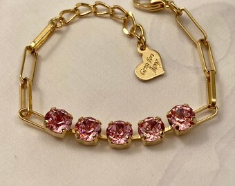 Large Paper Clip Chain Bracelet Premium Crystal Light Rose Pink Crystals Gold Plated Stacking Chain Bracelet Adjusts 6 1/2 to 7 3/4 Inches