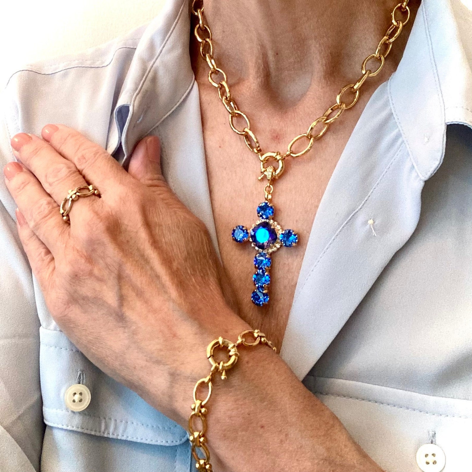 Halo Cross Pendant Set CZ Enhancer Premium Crystal Sapphire Etsy