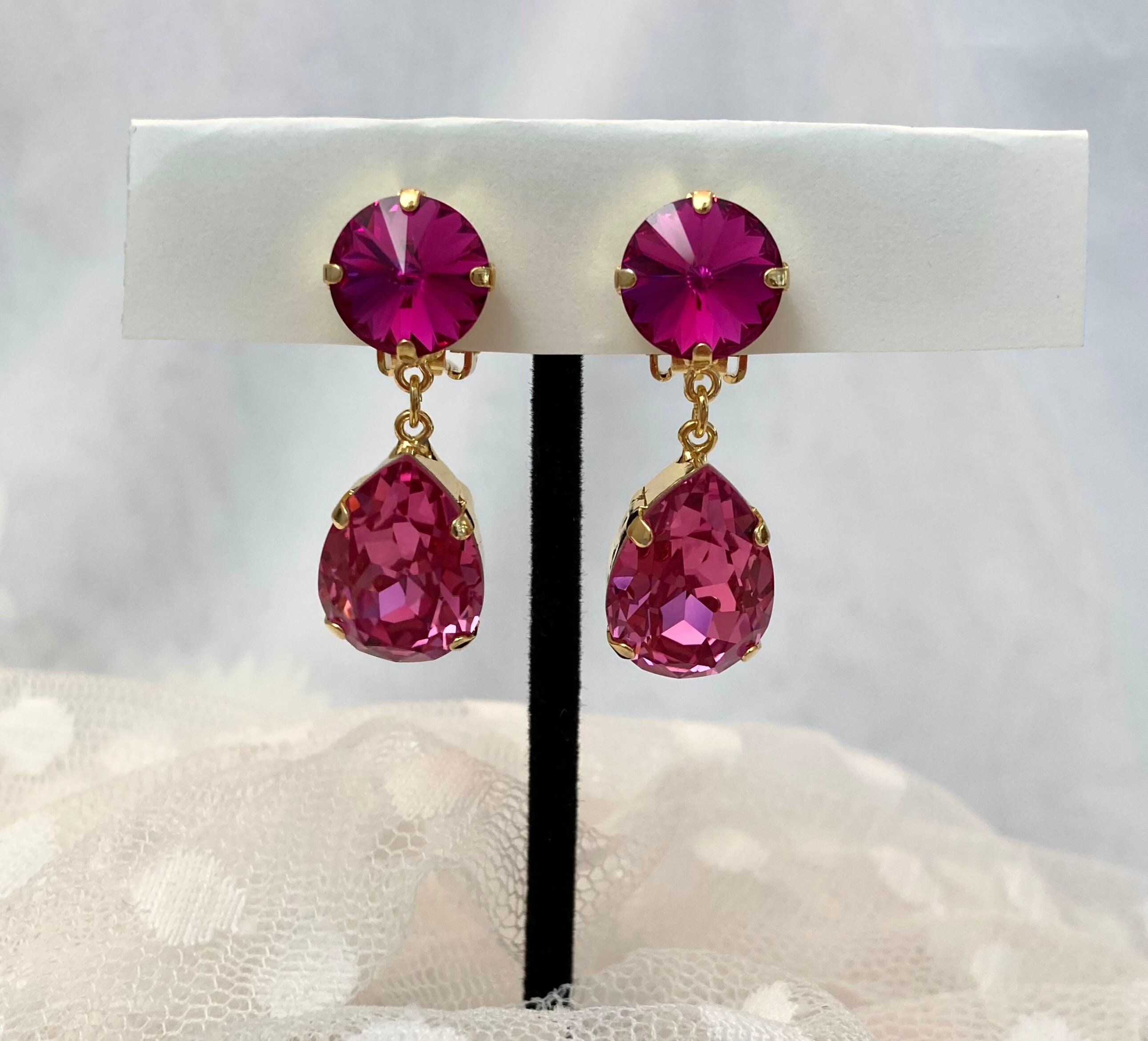Clip On Drop Earring Premium Rose Pink 18x13mm Teardrop Fuchsia 12mm…