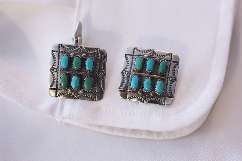 Turquoise Cufflinks Zuni Artisan Signed MFC Maryann/&Felix Chavez Sterling Oval Stones Sunray Symbols Vintage Southwest Classic Statement