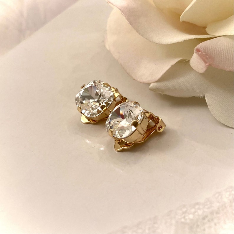 Clip On Gold Clear Premium Crystal Cushion Cut 12mm Square Earrings Shiny Gold Tone Setting Gorgeous Facets Beauty image 5