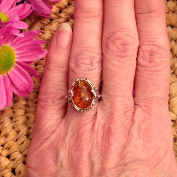 Amber Oval Solitaire Ring Gingko Leaf&Vine Design… - image 3