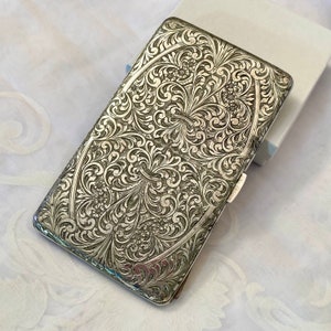 Vintage Cigarette Case Stamped 800 Silver Engraved Floral & Flourish Shiny Interior Hinged Inner Bar Excellent Condition Gift Collectible