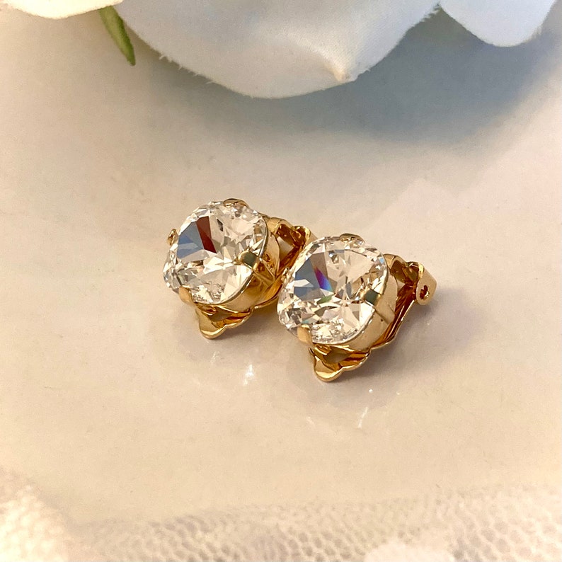 Clip On Gold Clear Premium Crystal Cushion Cut 12mm Square Earrings Shiny Gold Tone Setting Gorgeous Facets Beauty image 4