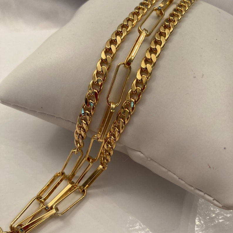 Paper Clip and Flat Gourmet Triple Layered Chain Bracelet Gold Plated Chain Bracelet Shiny Gold Finish Adjusts 7 1/4 to 8 1/4 Inches image 3