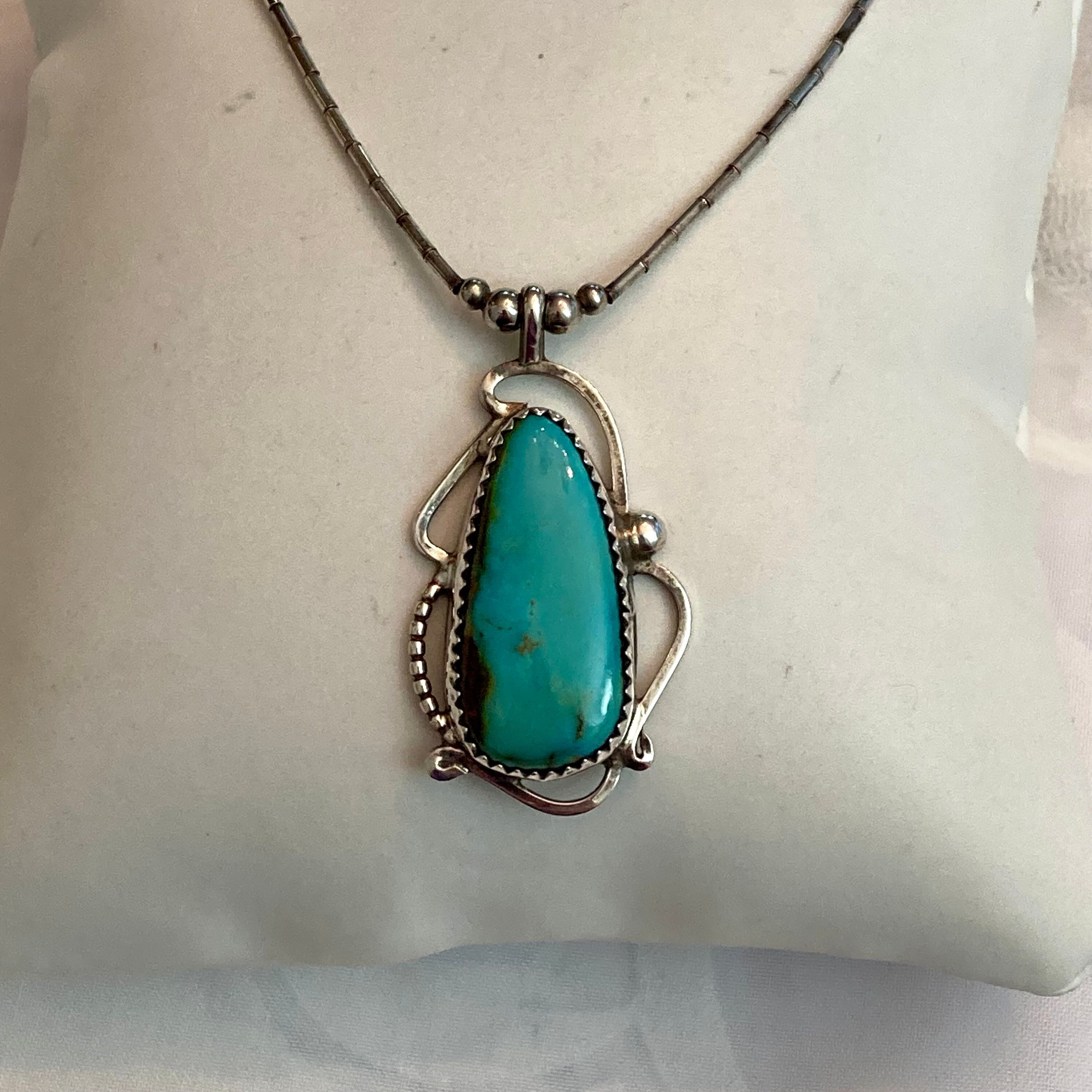 Sterling Silver Beaded Necklace With Turquoise Pendant Navajo Anson - Ruby  Lane