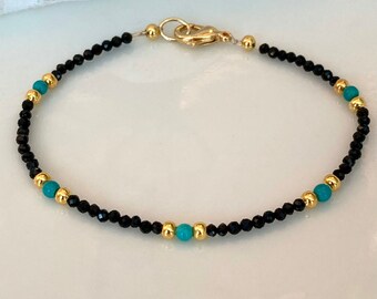 Tiny Faceted Real Black Spinel & Turquoise Gemstone Bracelet AAA Quality 2.5-3mm Stones Gold Plated Accents Stackable Bracelet 3 Lengths