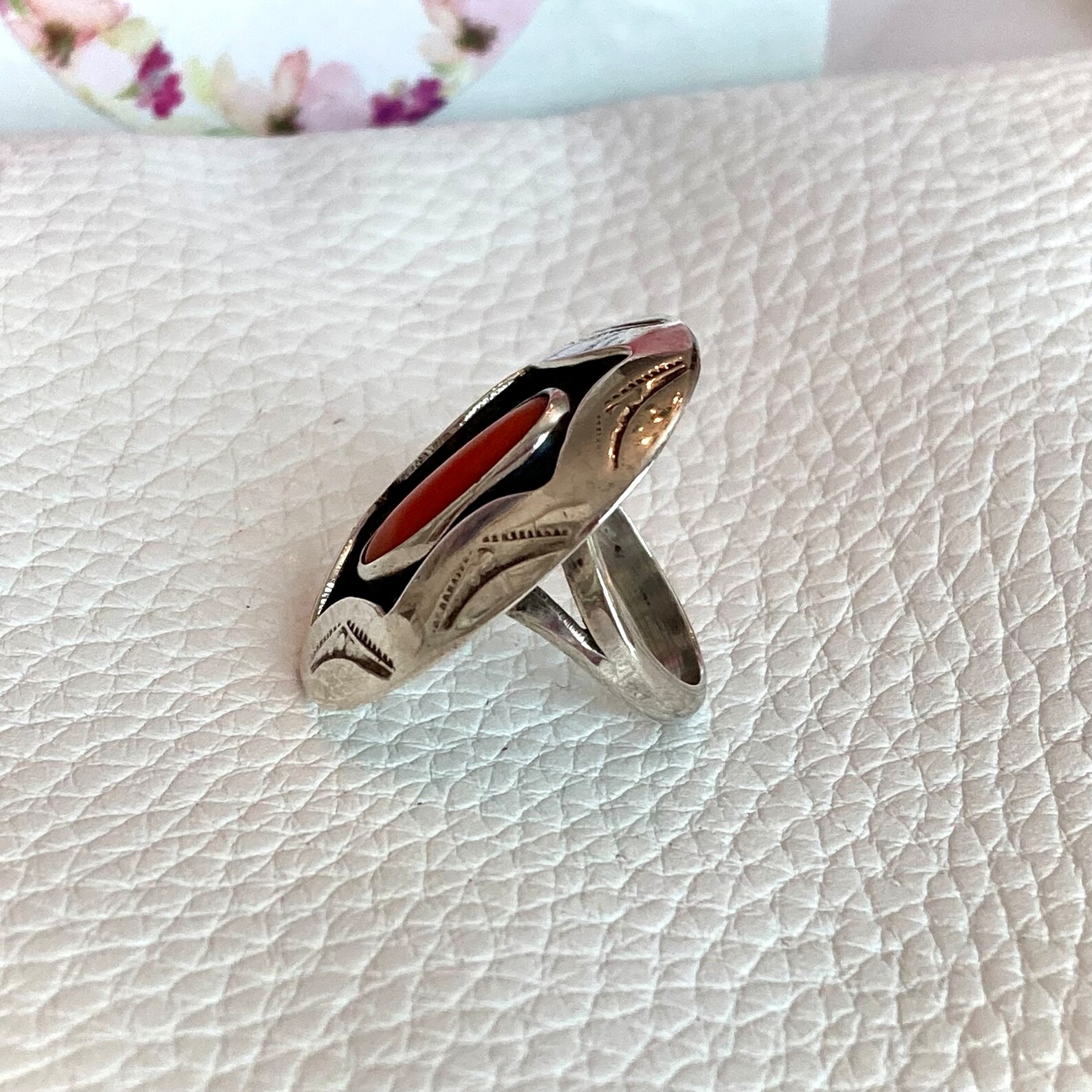 Red Coral Navajo Shadow Box Ring Oval Coral Stone Hand Stamped - Etsy