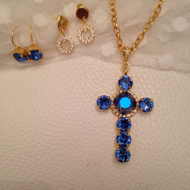 Halo Cross Pendant Set CZ Enhancer Premium Crystal Sapphire Etsy