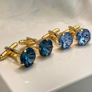 Mens Premium Crystal Cufflinks Cushion Cut 12mm Lt Sapphire/Navy Blue Shiny 18K Gold Plated Setting Suit Tuxedo Groom Gift Something Blue