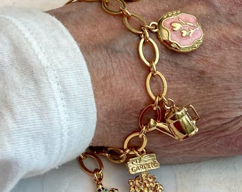 Garden Flower Nature Lover Charm Bracelet Pink Enamel Tulips 3D Watering Can CZ Butterfly Heart Garden Sign 18K Gold Plated Chain Adj 7-8 In