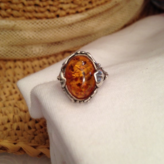 Amber Oval Solitaire Ring Gingko Leaf&Vine Design… - image 7