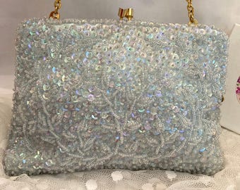 Bridal Bag Vintage Clutch Light Blue Beads Sequins Something Blue La Regale Gold Tone Kiss Lock Chain Converts to Clutch 2 Sided Design