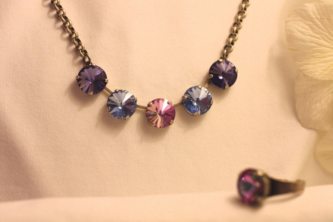 Crystal Layering Tennis Necklace Five Stone Premium Crystals 12mm ...