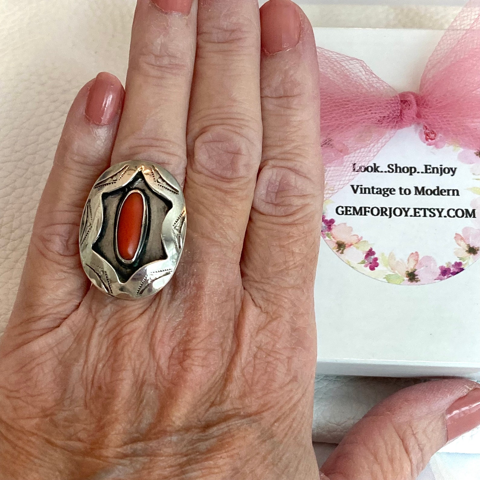 Red Coral Navajo Shadow Box Ring Oval Coral Stone Hand Stamped - Etsy