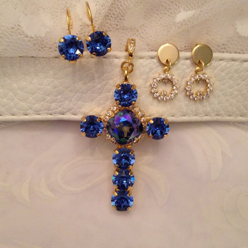 Halo Cross Pendant Set CZ Enhancer Premium Crystal Sapphire Etsy