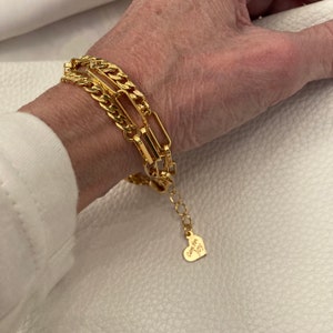 Paper Clip and Flat Gourmet Triple Layered Chain Bracelet Gold Plated Chain Bracelet Shiny Gold Finish Adjusts 7 1/4 to 8 1/4 Inches image 6