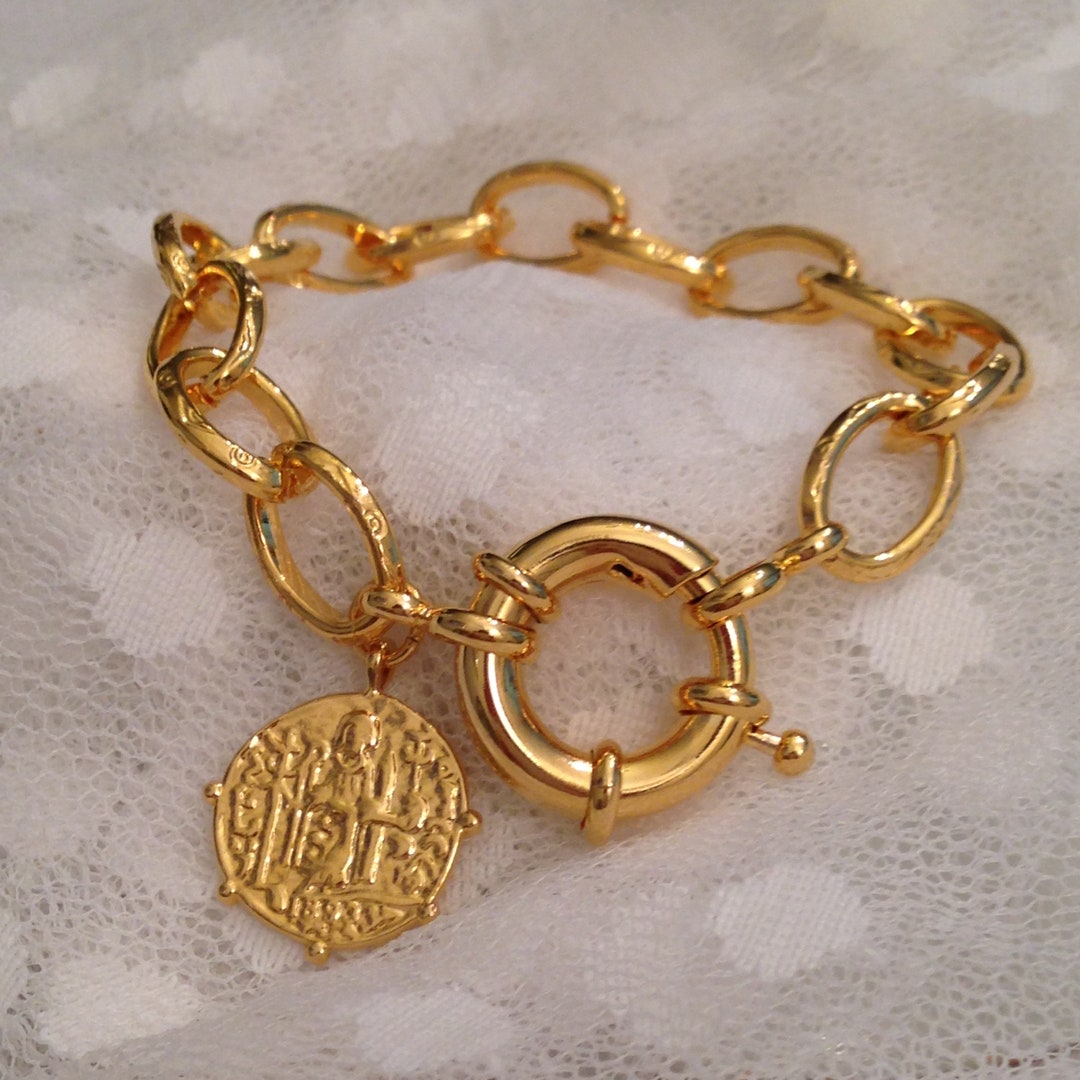 Chunky Chain Bracelet Replica Vintage Coin 18K Gold Over Sterling ...