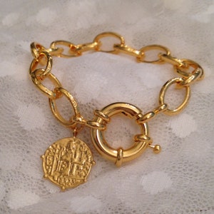 Chunky Chain Bracelet Replica Vintage Coin 18K Gold Over Sterling Silver Reversible Coin Charm Links 18KYellow Gold Over Iron Easy Clasp