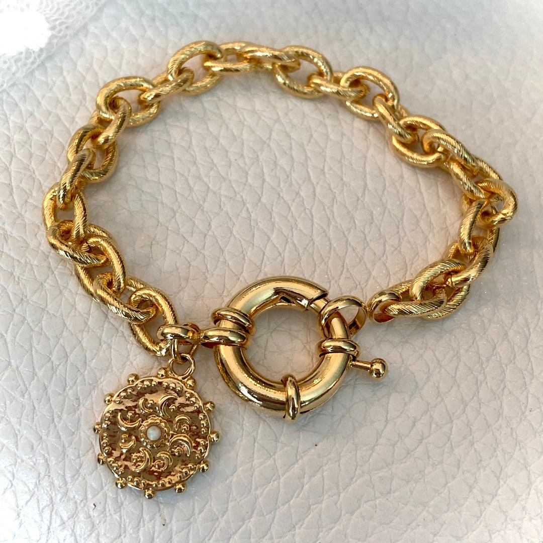 Chunky Chain Bracelet Celestial Coin Gold Plated Charm Opal Glass Inset ...